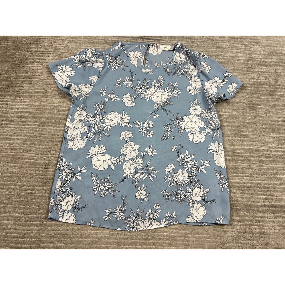 Pink Rose Blouse Womens S Blue Floral Short Puff Sleeve Crew Neck PS841281 Top